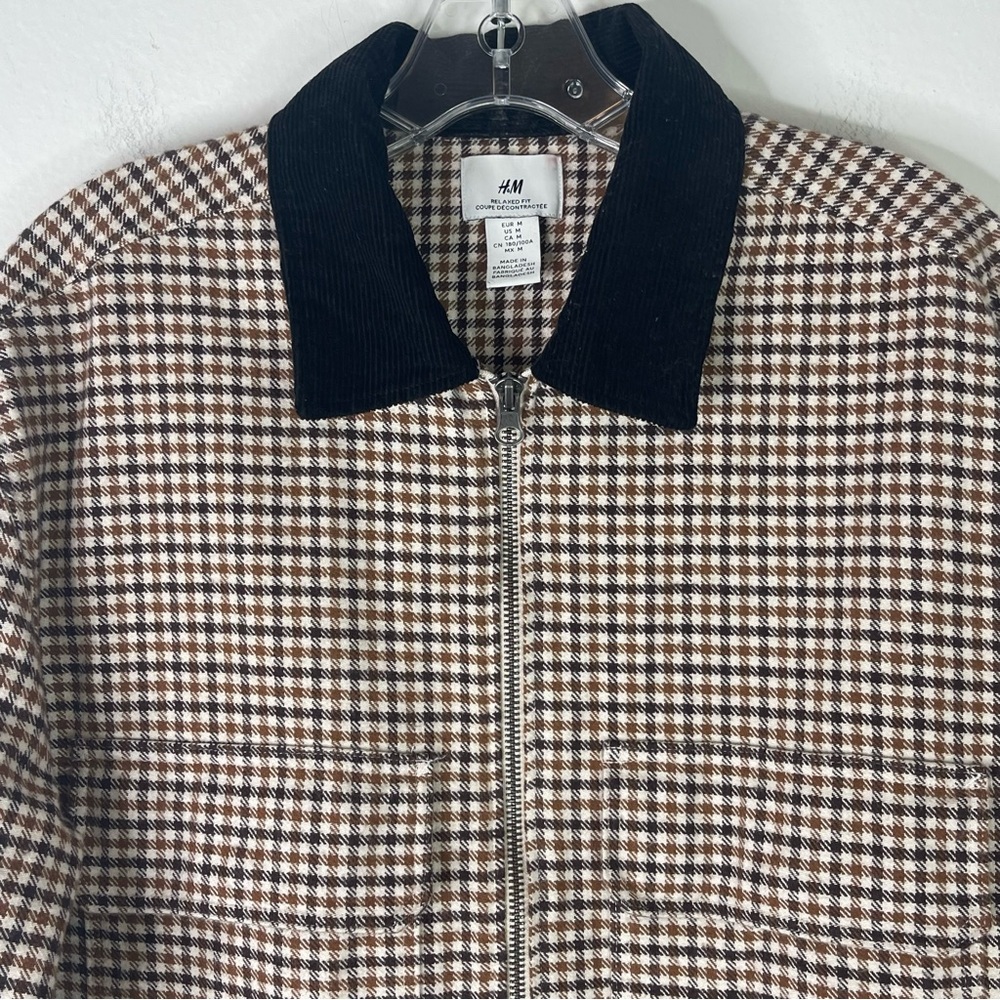 H&M cream brown tan plaid flannel oversized corduroy zip light jacket medium - Picture 2 of 7